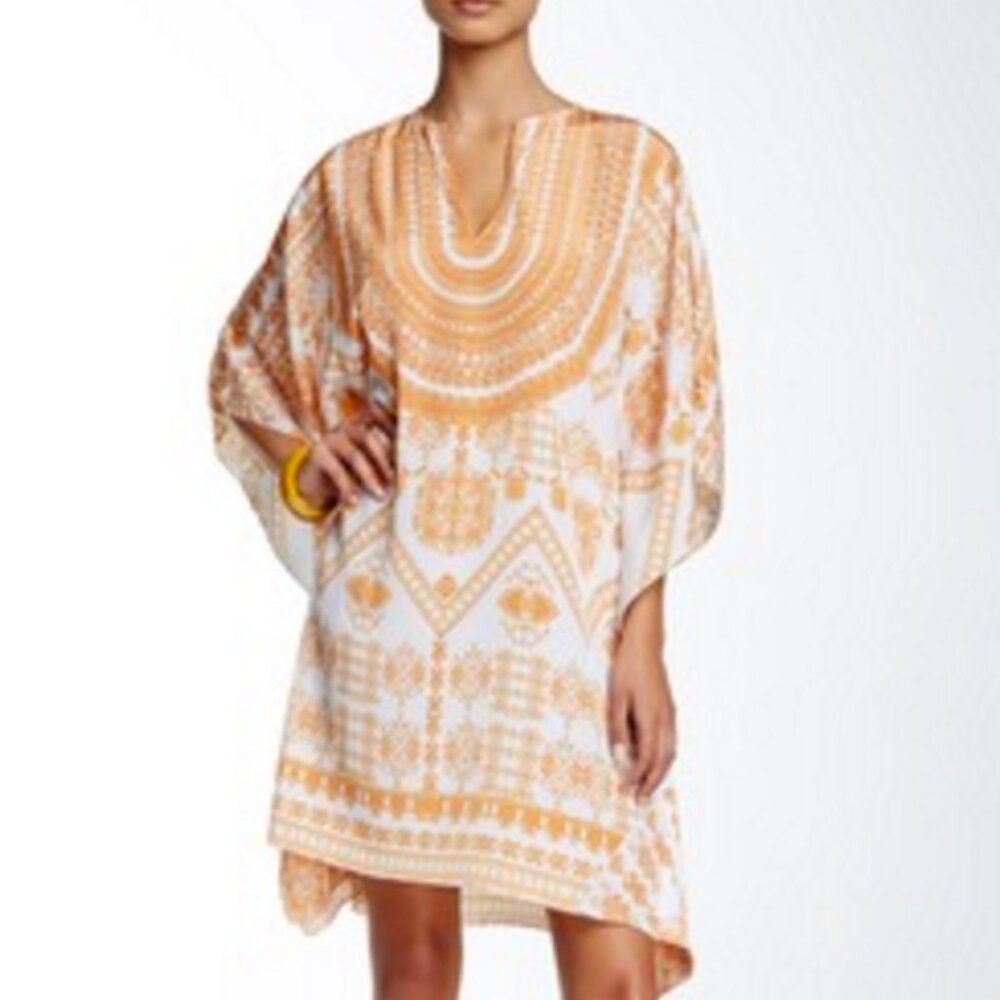 Rococo Sand Split Neck Printed Embellished Short Kaftan Dress